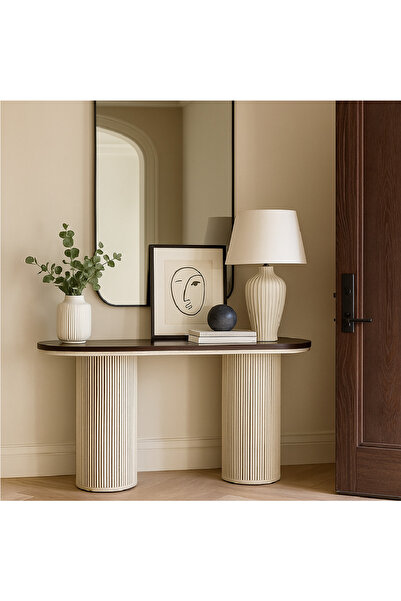 GLAMOURE HOME طاولة كونسول مودرن بيضاوية بقاعدة أسطوانية مضلعة،