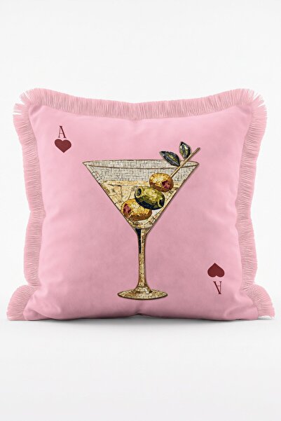 IdeCraft Playing Card Ace of Spades Olive Cocktail Glass Motif Fringed Cushio...