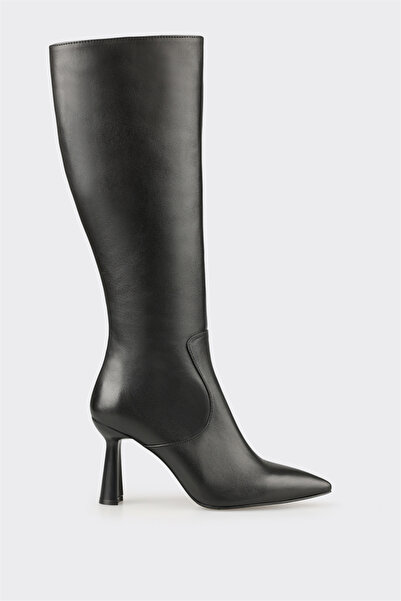 Elle Shoes Siyah Deri Kadın Topuklu Çizme
