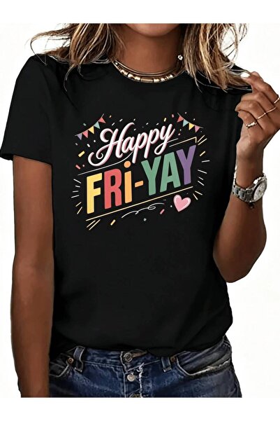 21JNRY Women's Y2K Happy FRI YAY T-Shirt - Pink Golden Friday Lettering With ...