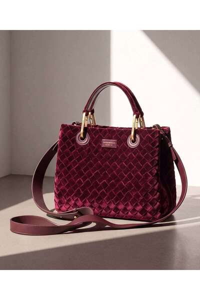 Emporio Armani Kadın Çıkarılabilir Omuz Askılı Desenli Kadife Bordo Omuz Çantası