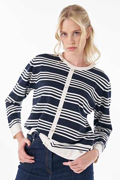 Kayra Stripe Pattern Knitwear Blouse Navy Blue-Optical White