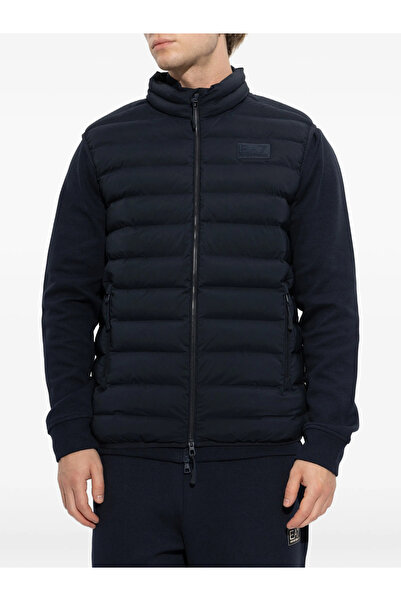 EA7 Men's Cotton Regular Fit Quilted Hooded Zippered Navy Blue Vest