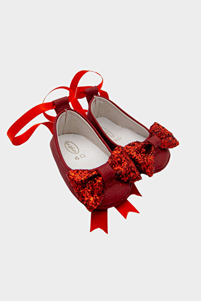Beybium Stoned Genuine Leather Baby Girl Ballerina Flats Red