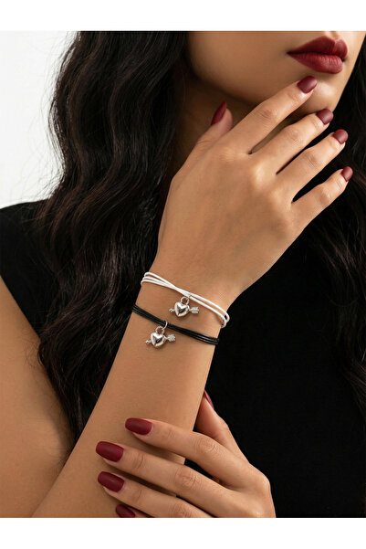 Take Two By Styli Pack of 2 - Black and White Heart and Arrow Charms Bracelets