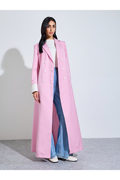 Amirah By Styli Pink Solid Double-Breasted Abaya with Contrast Cuff Sleeves