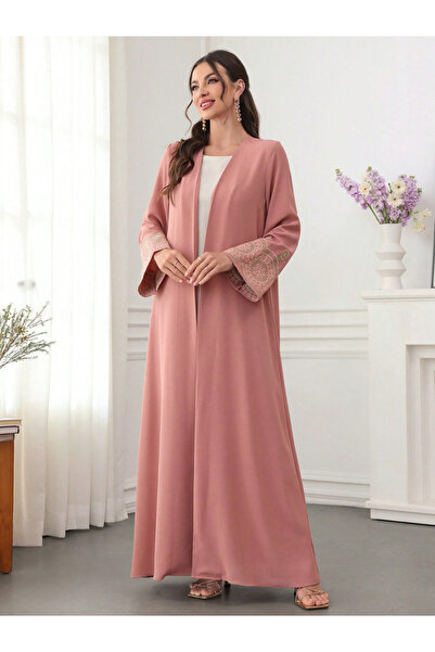 Take Two By Styli Dark Pink Embroidered Open Front Abaya