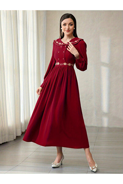 Take Two By Styli Red Long Sleeves Embroidered A-Line Maxi Dress