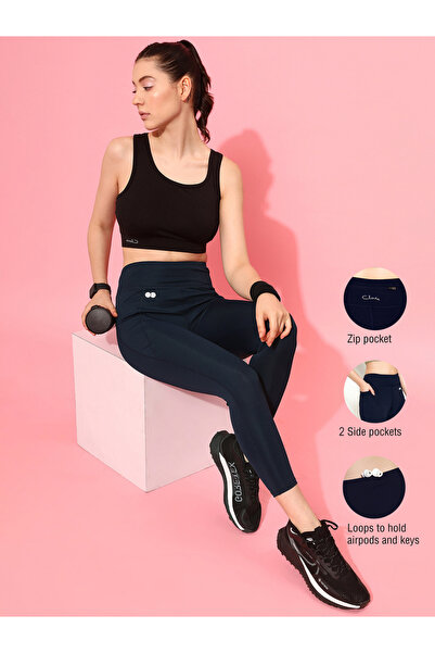 Clovia By Styli Navy Blue Solid High-Rise Activewear Leggings with Pockets