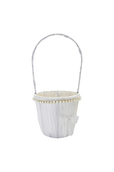 AFO Plastic Rattan Conical Basket with Lace Bow and White Pearls