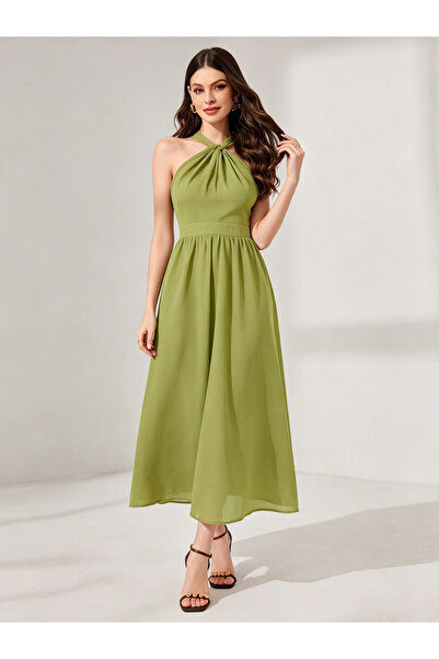 Take Two By Styli Green Halter Neck Sleeveless A-Line Midi Dress