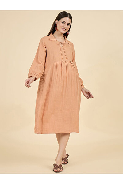 The Kaftan Company By Styli فستان حمل قطني بلون الخوخ بطول متوسط مع ياقة قابل...