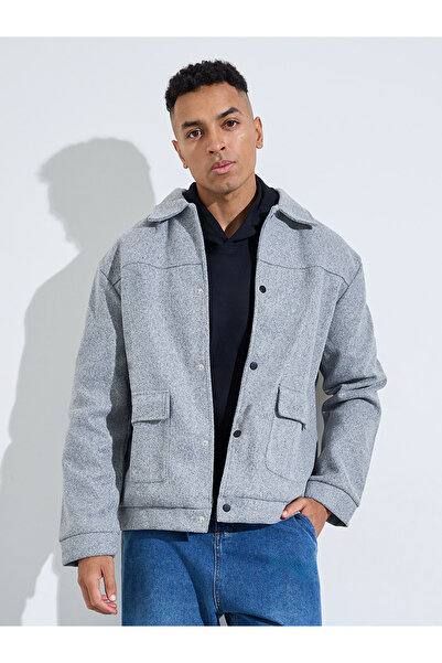 Styli Grey Solid Classic Snap Button Workwear Jacket