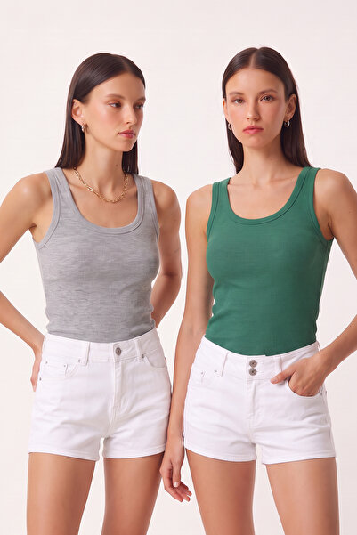 Lovelyİstanbul 2-Piece Ribbed Thick Strap Knitted Undershirt Lhj0002 Gray Green