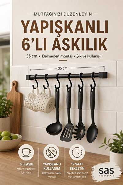 Sas Haus Yapışkanlı Mutfak Askısı 6 Kancalı 35 cm – Delmeden Monte Siyah Meta...