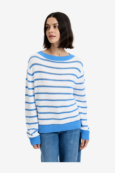 French Connection Women's Summer White-Blue Hy Teddy Knit Open Stripe Pullove