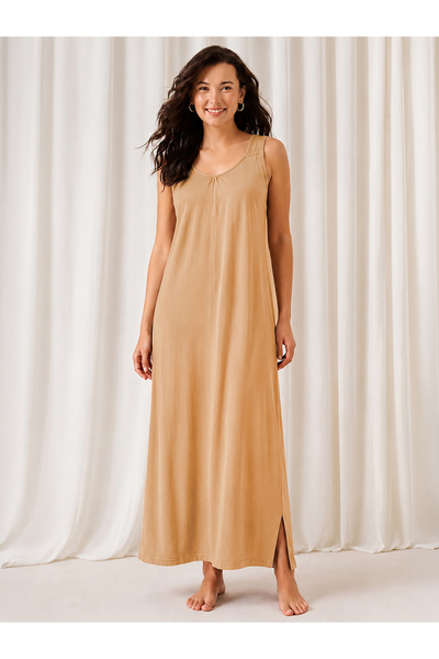Clovia By Styli Nude Cotton Blend Nightdress with Side Slit