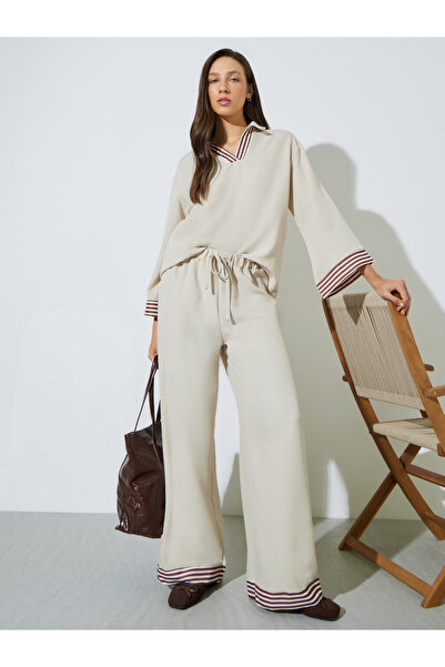 Styli Beige Cuff Spliced Top and Wide Leg Pants Co-ord Set
