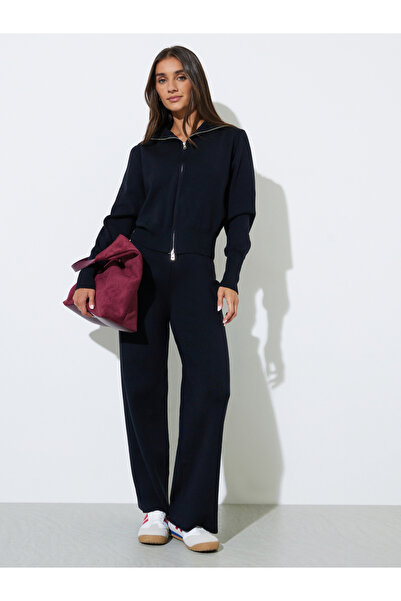 Styli Black Knit Zip-Up Sweater and Pants Co-Ord Set