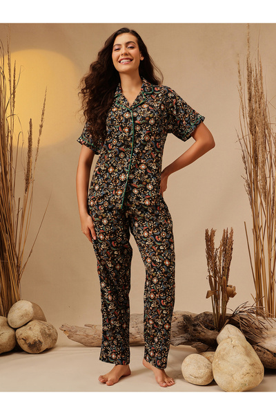 Clovia By Styli Black Paisley Print Shirt and Pants Pyjama Set