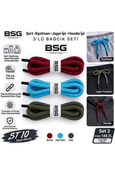 BSG DESIGN 3’lü Bağcık Seti 110 cm – Hoody, Eşofman, Şort ve Jogger Içi Kalın Örgü Yedek Bağcık Seti