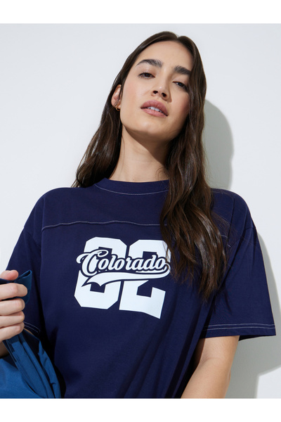 Styli Navy Blue Graphic Print Contrast Stitching Oversized T-Shirt