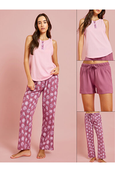 Styli Pack of 3 - Floral Placket Vest, Shorts and Pyjama Set