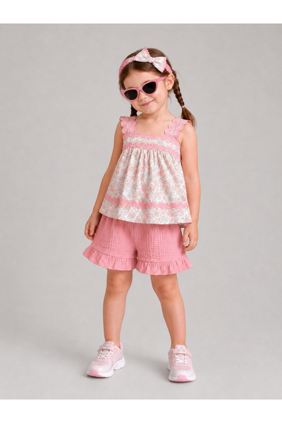 Victor and Jane By Styli 4-Piece Girls Sleeveless Cotton Top, Shorts, Headban...