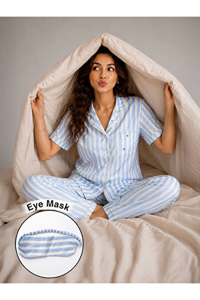 Clovia By Styli Light Blue and White Striped Shirt and Pants Pyjama Set