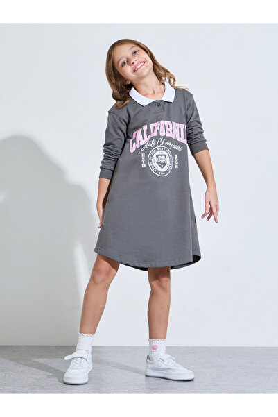 Styli Girls Charcoal Contrast Collar Graphic Print Sweatshirt Dress