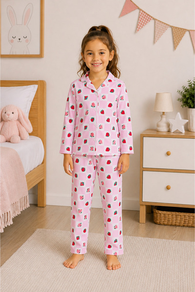 monox 100% Cotton Girls' Buttoned Pajama Set - Long Sleeve