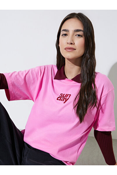 Styli Pink Embroidered Cotton Oversized T-Shirt