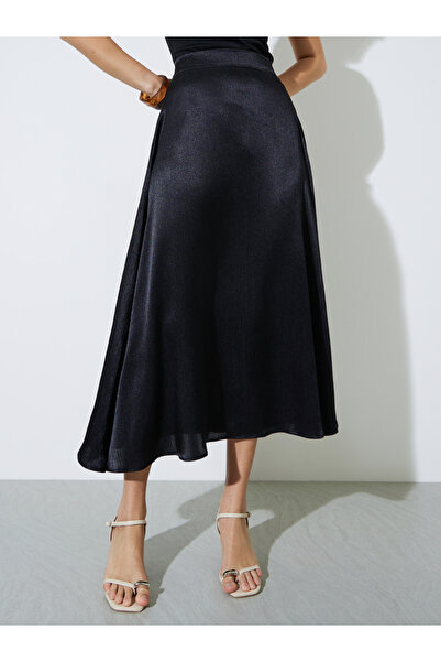 Styli Black Solid Satin A-Line Midi Skirt
