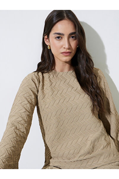Styli Cream Textured Boat Neck Long Sleeve Top