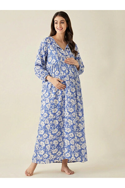 The Kaftan Company By Styli قميص نوم للحوامل بأكمام طويلة وطباعة زهور زرقاء