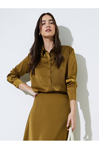 Styli Olive Solid Long Lined Oversized Satin Shirt