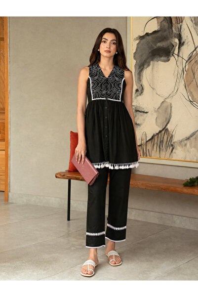 Sassafras By Styli Black Embroidered Sleeveless Top and Pencil Pants Set