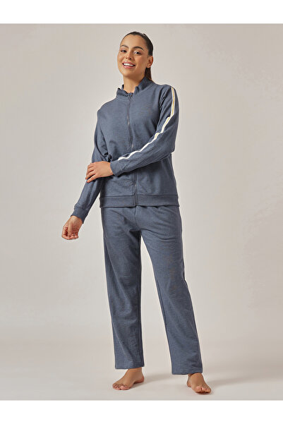 Clovia By Styli Navy Blue Knitted Tracksuit Pyjama Set with Side Stripes
