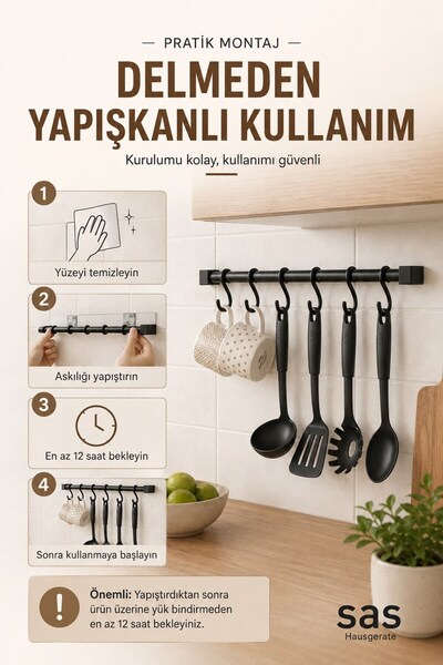 Sas Haus Yapışkanlı Mutfak Askısı 6 Kancalı 35 cm – Delmeden Monte Siyah Metal Kupa, Kepçe ve Mutfak