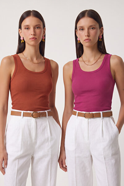 Lovelyİstanbul 2-Piece Ribbed Thick Strap Knitted Undershirt Set Lhj0002 Dark...
