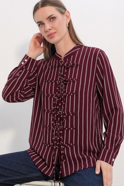 Bigdart Women's Front Tie Striped Shirt 20404 - Burgundy