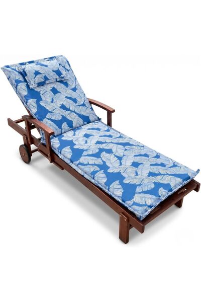 PARADISO Wooden Sun Lounger with Blue Leaf Cushion