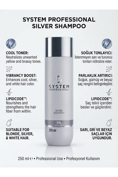 System Professional Wella Extra Silver X1S Purple Shampoo with Anti-Yellow Effect Special for Gray and Blonde Hair 250 ml (Anti-Yellow Shampoo)