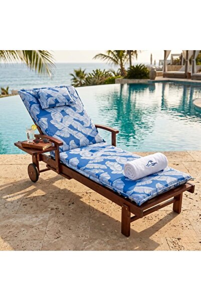 PARADISO Wooden Sun Lounger with Blue Leaf Cushion