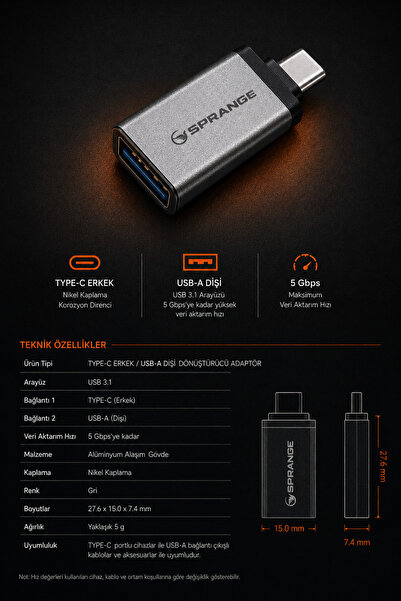 SPRANGE Type C USB 3.1 Dönüştürücü Adaptör USB to Type C Çevirici Telefon ve Tablet Uyumlu
