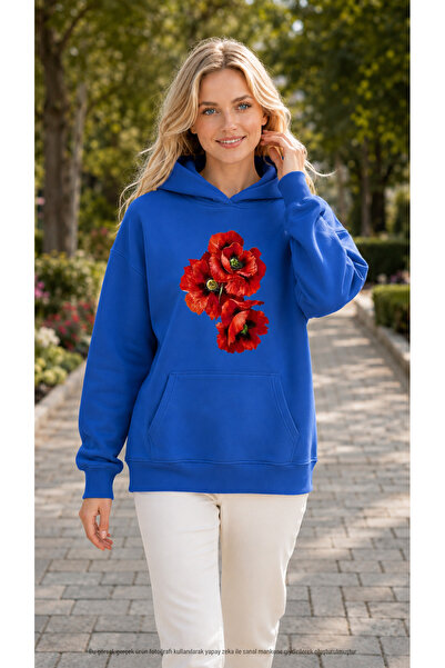 EMMODA Women's Three Red Poppy Printed Hooded Casual Basic Sweatshirt with Ka...