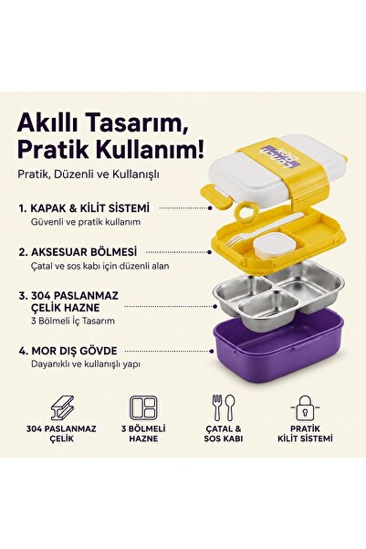 CHEFTİME Çift Katlı 3 Bölmeli Paslanmaz Çelik Yemek Kabı – Sızdırmaz Kapaklı, Taşınabilir Beslenme Kabı