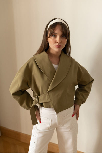 My Blog Khaki Shawl Collar Belted Crop Jacket - 4177