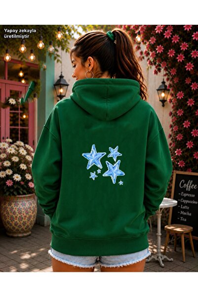 EMMODA Women's Blue Star Motif Back Print Hooded Kangaroo Pocket Casual Basic...
