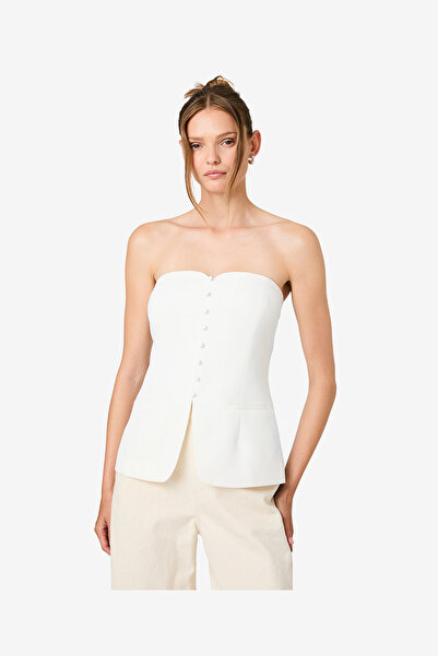 French Connection Women's Harrie Tailored Faux Button White Strapless Top